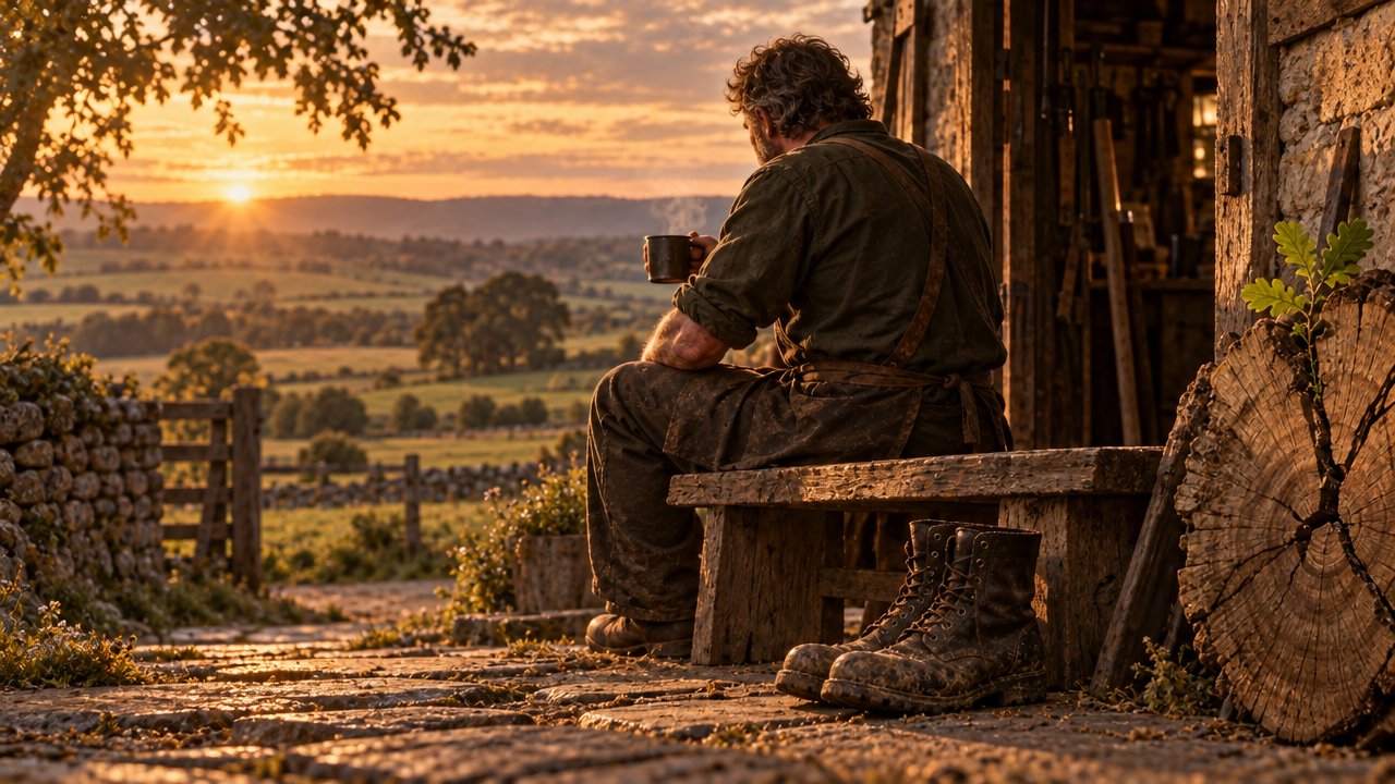 A man sitting alone on a bench outside his workshop at sunset with a mug of tea, old boots beside him