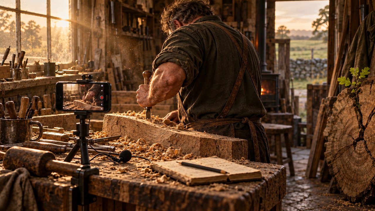 A phone on a small tripod filming over a woodworker's shoulder at the bench